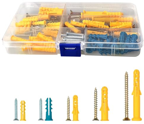 100 Pcs Screws and Wall Plugs Set, Heavy Duty Mixed Sizes Assortment, Anchor Bolts for Brick, Masonry, Plasterboard Fixings, Bracket, Plaster, Carbon Steel and Plastic