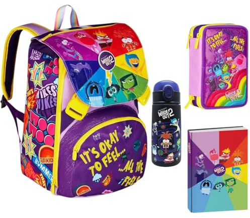 Seven Set scolastico Inside Out 2, zaino viola espandibile con doppio scomparto, borraccia, diario, astuccio con 3 cerniere,