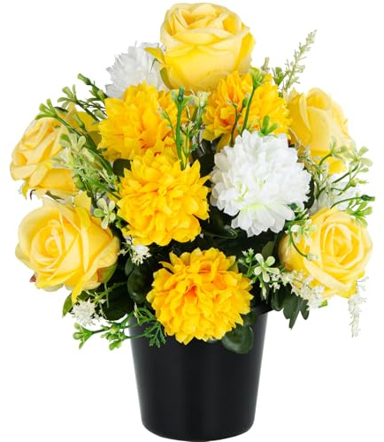 SIFOEL Artificial Grave Flowers for Cemetery, Artificial Chrysanthemums & Rose, Memorial Decorative Funeral Flower in pot for Grave Graveside Outdoor Indoor Decoration (1Pc, Yellow)