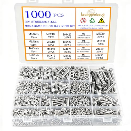 1000pcs Nuts and Bolts Set M3 M4 M5 M6 Hex Head Bolt 304 Stainless Steel machine screws washers nuts and bolts assortment for repair DIY machinery 3D printer With Storage Box Learnspielzeug