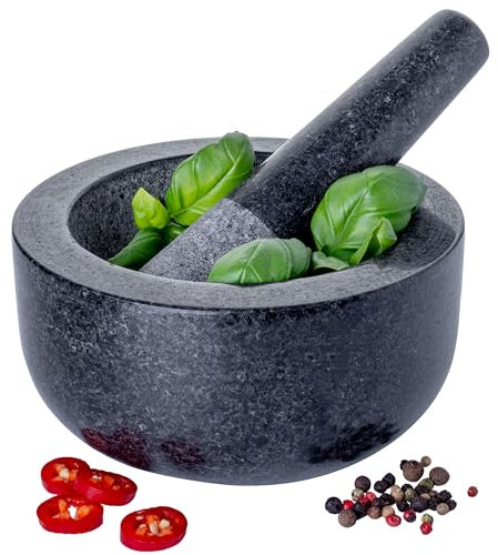Homiu Pestle And Mortar Set - Granite Stone Large Bowl & Grinder - Premium Solid Natural Stone - Spice Herb Seed Garlic Crusher - Large 16cm(6.3) Diameter
