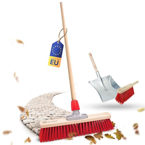 Novaliv Straßenbesen mit Stiel 40 cm Set I Besen Kehrblech und Handfeger I Elaston rot I mit Gewinde I Straßenbesen Breit Gartenbesen Outdoor Besen draußen Besen Außenbereich