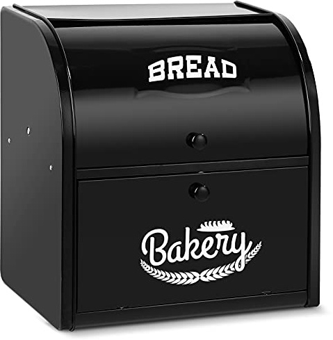 Pitmoly Stainless Steel Bread Box, 2 Layer Roll Top Bread Boxes, Large Capacity Food Storage Container for Kitchen Counter, Metal Bread Bin, Bread Holder for Countertop 12.6 x 9.7 x 12.8 (Black)