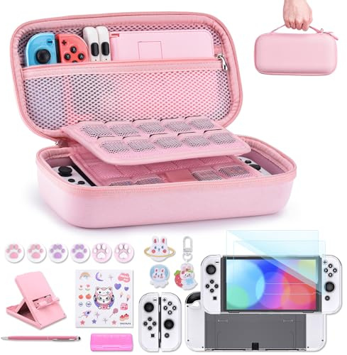 innoAura Accessoires pour NS Switch OLED 18 en 1 Switch Pack avec Étui Switch, Étui de Jeu Switch, Protecteur d'Ecran Switch OLED, Support Switch, Poignées de Pouce Switch (Rose)