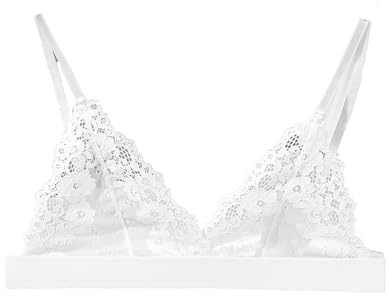 Cotorance Womens Comfortable Bra No Underwire Lace Unlined Soft Cup Plunge V Neck Triangle Bralettes White 36A 36B