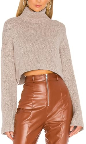 Jumppmile Women's Crop Sweater Turtleneck Long Sleeve Lightweight Soft Casual Fleece Cropped Fall Pullover Sweater Top Khaki M