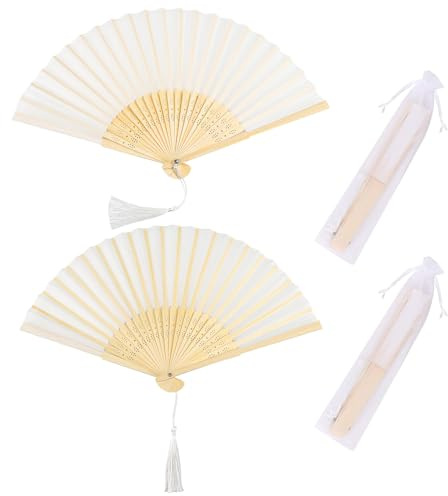 TSKDKIT 2 Stück HandfäCher Faltbare FäCher Weiß, Fächer Hochzeit Dekoration Chinesische Fächer Klappfächer für gastgeschenke Hochzeit, Tanzrequisiten, Fotografie, Sommer Party(Weiß,38 cm)