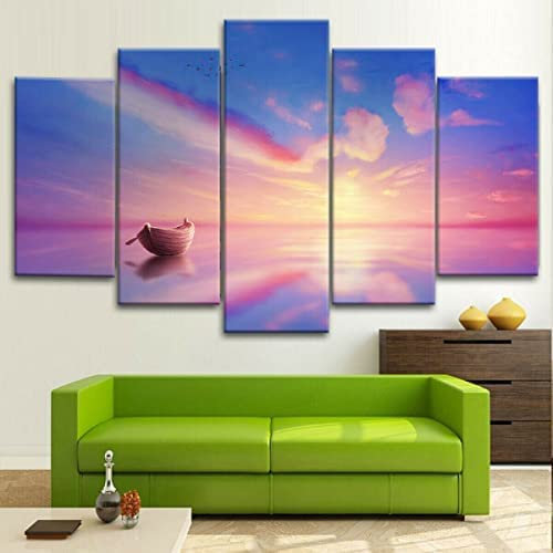 Leinwand Wandkunst Leinwanddrucke Malerei 5 Tafeln Stücke Mehrere Bilder, Boot Segeln Sonnenuntergang 150 X 80 Cm Giclée-Druck Auf Leinwand, Poster, Wanddekoration, Geschenke Für Wohnzimmer, 6A7L-L9K