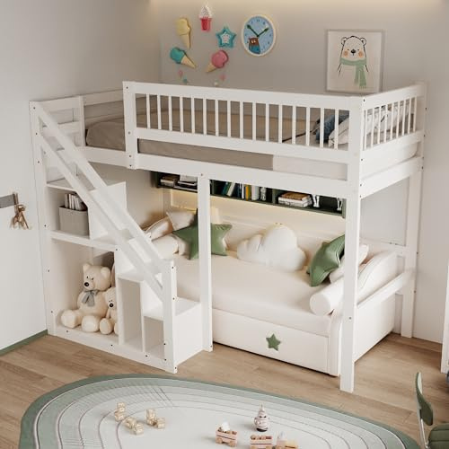 YESGIGA Massivholzbett 90x200, Treppe mit Aufbewahrungsschrank, Kinderbett, Jugendbett, Einzelbett (Weiß, 90x200)