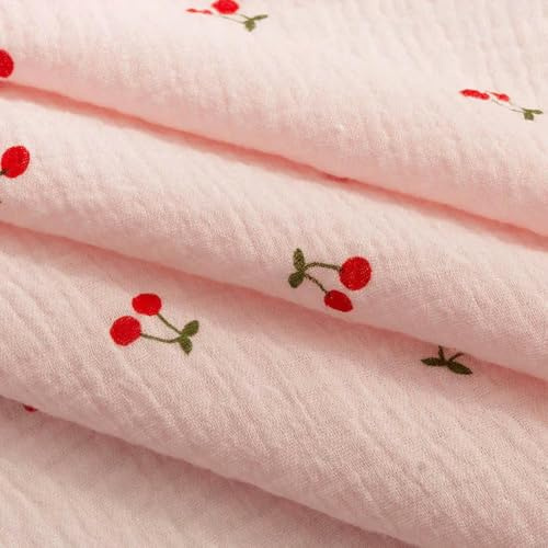 DFLINGA 1/2/Meter Baumwoll-Crêpe-Gaze-Stoff doppellagig Kirschen-Print zum Nähen von Kinderkrabbelhosen und Kinder-Speicheltuch
