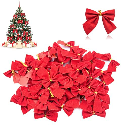OBYJCA 48 PCS Red Bows for Christmas Tree, Red Christmas Bows, Christmas Tree Bows, Red Velvet Bows for Christmas Tree, Xmas Small Red Bows Ornaments for Garland Decorations, Christmas Tree Red Bows