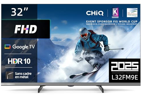 CHIQ L32FM9E 32 Zoll (80 cm) Fernseher FHD Smart TV, HDR10 & HLG, Google TV, Dolby Audio, DBX-tv, Google Assistant, Triple Tuner DVB-C/T/T2/S/S2, Chromecast integriert, Metallrahmenlos, Schwarz