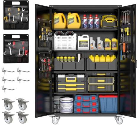 Reykilor Upgraded Wide & Deep Garage Storage Cabinet with Wheels & Pegboards, 72 H Locking Metal Storage Cabinet with Doors and 4 Adjustable Shelves, Rolling Tool Cabinet for Garage Home Basement