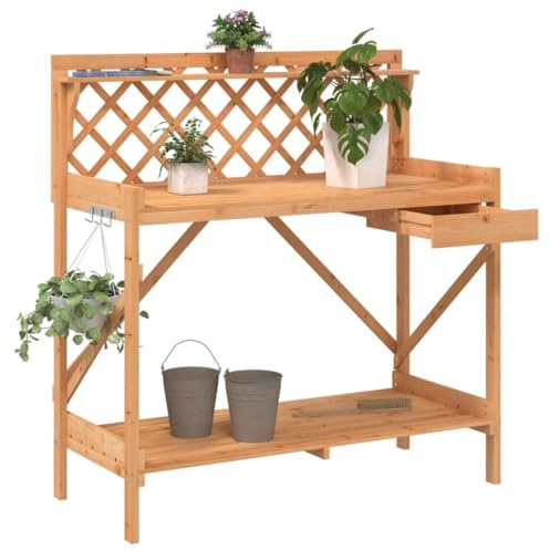 Homvdxl Garten-Antopftisch, Massivholz Pflanztisch mit Rankgitter, offene Regale, kleine Schublade, Gartenarbeitsplatz & Pflanzarbeitstisch für Außenbereich, Terrasse, Hinterhof, Balkon, Braun