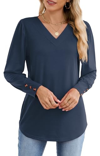 Famulily Womens V Neck Office Blouse Button Details Cuffs Tunic Tee Classic Curved Hem Autumn Long Line T Shirts Navy XL