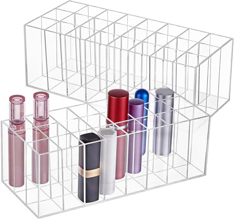 NBEADS Paquete de 2 organizadores de pintalabios acrílicos con 24 ranuras, soporte para brillo de labios con adhesivo para máscara de muestras de perfume y brillo de labios, diámetro interior: 2,4 x