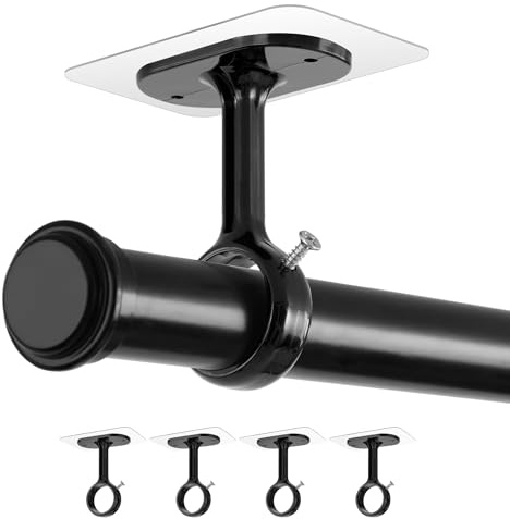 BYSHEGET 4 Supporti per Bastone Tenda Senza Forare per Soffitto e Parete | Adesivi e Avvitabili, per Bastoni Ø20–32 mm, ideali per Bagno, Finestra, Armadio e Cucina(Nero)