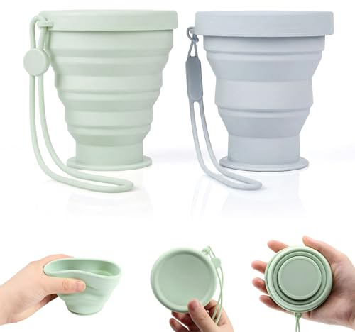 NiceNaiils Pack de 2 Vaso Plegable de Silicona con Tapa, 200ml Tazas de Acampada Portátiles Reutilizables para Viajes, Senderismo, Picnic y Oficina, Azul y Verde