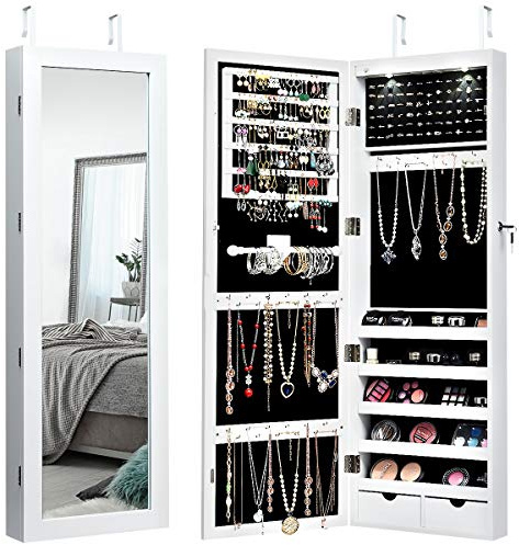 RELAX4LIFE Armoire à Bijoux Verrouillable avec Miroir Plein et LED, Organisateur de Bijoux Accrochable en MDF avec Grande Capacité de Rangement pour Bracelets Colliers Bagues (avec cadre, Blanc)
