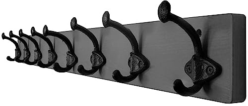 WEBI Garderobenleiste,Wandgarderobe Holz mit 8 Haken Gusseisen,Garderobenhaken Wand Garderobe Hakenleiste,Kleiderhaken Wand für Mäntel,Jacken,Grau