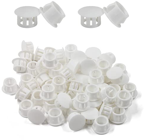 Cjueiom 60pcs 10mm / 3/8 Hole Plugs White Plastic Hole Covers, Flush Type Drill Hole Cover Caps Snap in Locking Blanking Cap, Post Pipe Insert Screw Hole Cover for Kitchen Cupboard Cabinet Shelf