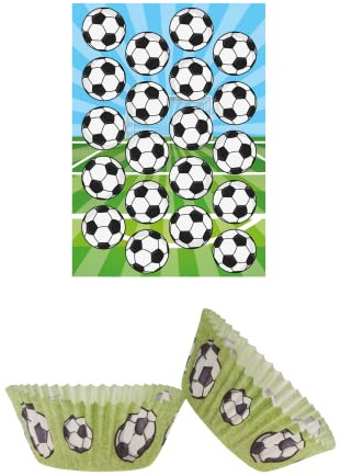 Dekozauber24 Fußball Set 20x Essbare Muffinaufleger + 25x Muffinschalen, vegetarisch, ohne Zuckerzusatz, für Muffins, Cupcakes, Kekse uvm. - essbare Tortendeko für den Kindergeburtstag