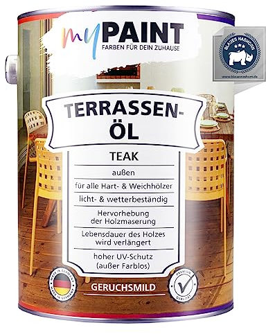 myPaint Terrassen-Öl 2,5 L Teak | Bietet Schutz für Alle Holztypen | Zuverlässiger UV- und Wetter-Schutz | Ideal für Gartenmöbel und Terrassendielen | Bangkirai, Teak, Douglasie