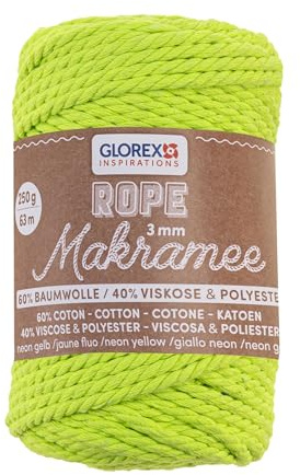 GLOREX 5 1007 34 - Makramee Rope 3 mm, 250 g, Neon Gelb, Länge 63 m, gedreht, superweiches Textilgarn aus 60 % Baumwolle, 40 % Viskose, zum Häkeln, Stricken, Knüpfen und textilen Gestalten
