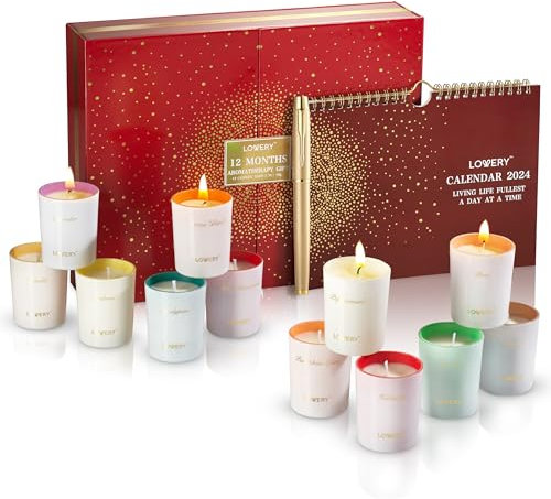 Cadeaux de Noël pour femmes avec calendrier mural 2024, 12 bougies de soja parfumées uniques et stylo doré, calendrier de l'Avent de 12 mois, coffret cadeau d'anniversaire pour homme et femme