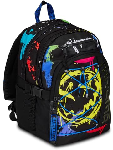 Mitama Rucksack mit 3 Fächern, Fluo Tag mit PC-Tasche, Schwarz und Gelb, Grundschule und Freizeit, Kinder Jungen, Schwarz, Taglia unica, Rucksack mit Dreifachfach