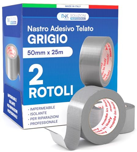 DNK TRADE Nastro Adesivo Telato Americano 50mm x 25m Colore Grigio Isolante e Impermeabile per Riparazioni Professionali e Fai da Te Aderenza Multisuperficie Metallo Plastica e Legno - 2 Rotoli