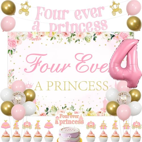 Jollyboom Princess 4th Birthday Party Decoration, Four Ever A Princess Birthday Decorations Backdrop Banner Pink Crown Cake Cupcake Toppers Number 4 Foil Balloon for 4 Years Old Birthday