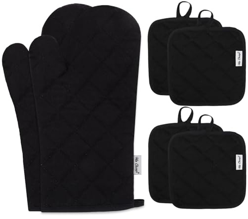 Win Change Oven Mitts and Pot Holders Sets,6 Pcs Oven Mitts and Potholders with Recycled Cotton High Heat Resistant Extra Thick Long Oven Mitts for Cooking(Black)