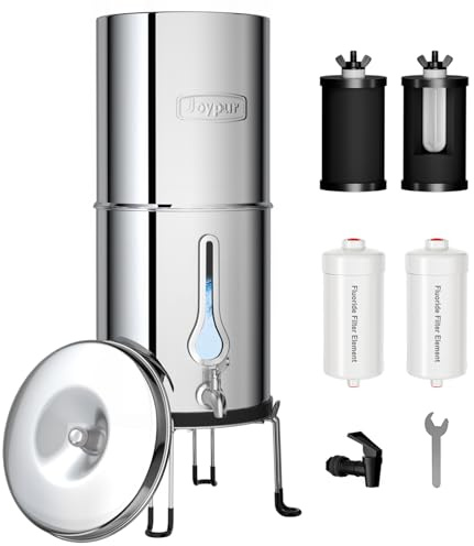 Joypur Filtre à Eau par Gravité Acier Inoxydable 304, 2 Charbon Actif et 2 Antifluor, Système 38000L, Hublot Goutte, pour Maison, Camping