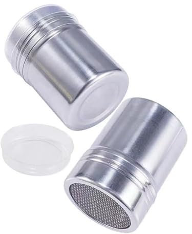 2 spargitore in acciaio inox, con coperchio per macina zucchero a velo, spargitore per cappuccino, spargitore in polvere, colino per zucchero a velo, con 16 stampi in rilievo e 1 cucchiaio dosatore