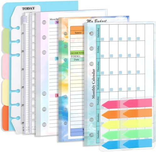 A6-Planer-Einlagen, 1 Set 6-Loch-A6-Ordnereinlagen, komplettes Ersatzset für Budget-Ordnereinlagen mit Wochen-/Monatsplan, Finanzseite, Papierteiler, Tasche, Lineal, Aufkleber, Budget-Ordnereinlagen A