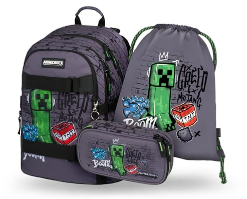 Baagl skolryggsäck set pojkar flickor 3 delar, skolväska från 3 år. Klasse, grundskola skolväska med bröstbälte, ergonomisk skolväska, minecraft