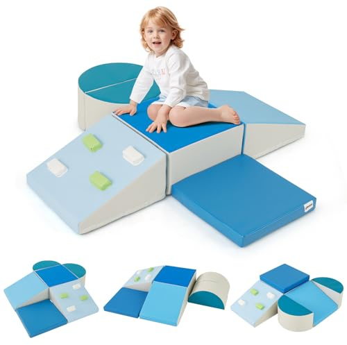 COSTWAY 6PCS Parcours Motricité Bébé en Mousse avec Housse en PU, Module Motricité Bébé avec Roches d’Escalade & Attaches à Crochets, Jouets Éducatifs pour Ramper Grimper, 12 Mois+ (Bleu)