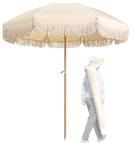 SBCGFY Ombrellone da Spiaggia Boho, ombrellone da Giardino con Nappe e Robusto palo in Legno, ombrellone Pieghevole per Esterni, Prato, terrazza, Piscina