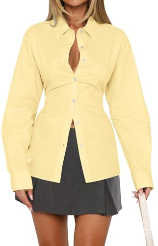 HOCANDY Women Long Sleeve Button Down Shirt Tie Back Cinched Waist Lapel Collar Corset Blouse Work Casual Dressy Tunic Shirt Yellow