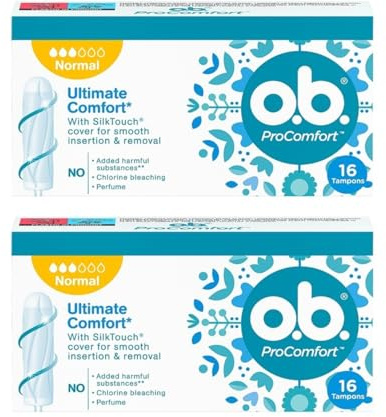 o.b. ProComfort Normaler Tampon für mittlere bis stärkere Tage, ultimativer Komfort* und zuverlässiger Schutz, 2er Pack (2 x 16 Stück)