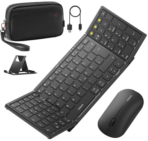 Inateck tragbare Bluetooth-Falttastatur, Tastatur Maus Set | 3 Bluetooth-Kanäle, Ziffernblock, tragbar, Handy-Ständer, Zubehörbeutel, für iPad/iPhone/Mac/Android/Windows, Nomad, Graphit