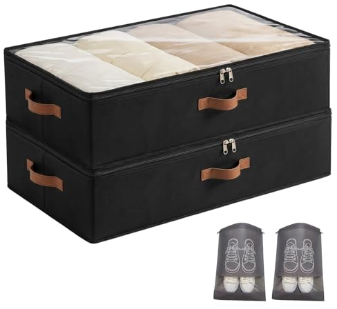 Unterbett Aufbewahrungsbox 2 Stück Unterbettkommode mit Sichtfenster, Faltbar, langlebigem Material mit 3 Griffen & 2 Reißverschluss für Kleideraufbewahrung & Organisation 85x45x15 cm, Schwarz