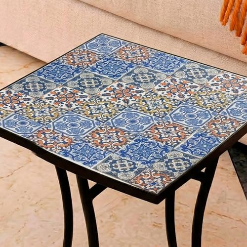 Mesa Auxiliar de Patio de Mosaico Redonda - Mesa de Café para Jardín y Terraza con Patas de Hierro Forjado Antióxido, Mesa Pequeña Decorativa para Exterior e Interior, 58x58x72, Modelo Marcos