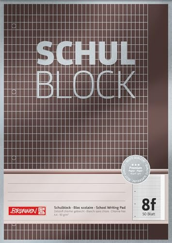 Brunnen 1052608 Schulblock/Notizblock Premium, A4, 50 Blatt, 5 x 7 mm rautiert mit Rand, Lineatur 8f, gelocht, kopfverleimt, 90g/m²