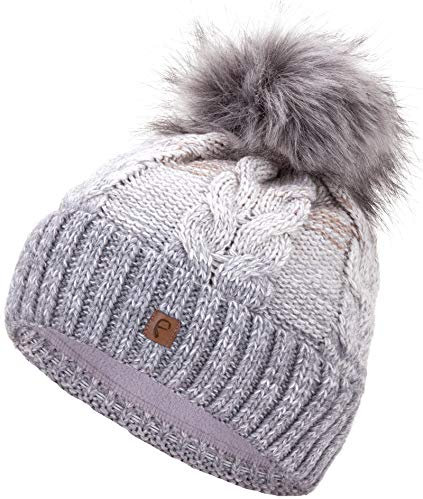 Faera Wintermütze Mütze Damen warm gefüttert mit Kunstfell Bommel-Mütze Fleecefutter Winter Strickmütze Beanie, Farbe:Hellgrau