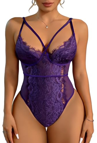 Buitifo Body Sexy pour Femme Une Pièce Babydoll Cils Teddy Lingerie Négligé en Dentelle（Violet-XL