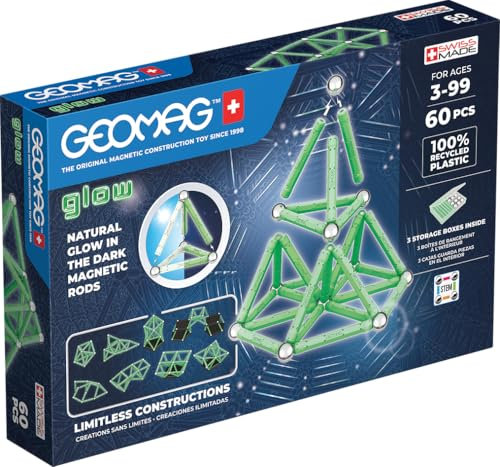 Geomag – Glow Recycled – 60 Stück – phosphoreszierende magnetische Konstruktionen – phosphoreszierende Magnetstreifen – 100% recycelter Kunststoff – kreatives Geschick – 3D-Konstruktion