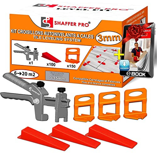 Croisillons carrelage autonivelant 3 mm | 150 clips + 100 cales réutilisables +1 Pince | système nivellement à cales | Kit niveleur carrelage|aide à la pose de carreaux pour Sols/murs |SHAFFER PRO