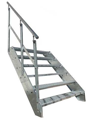 Kaminbau Mierzwa Premium Stahl Treppe Geländer Links Verzinkt 6 Stufen (Breite 1200 mm) (Höhe 114 cm) Wetterfest Gitterroststufe Gartentreppe